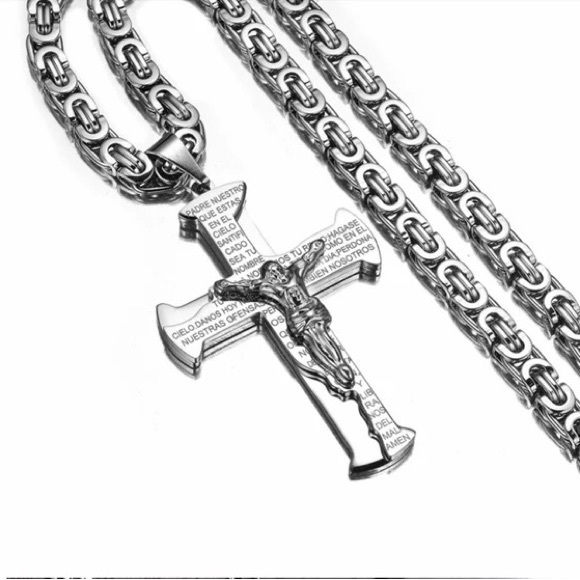 Jesus Crucifix Cross Necklace For Men Silver Color Stainless Steel Byzanine - Picture 4 of 6